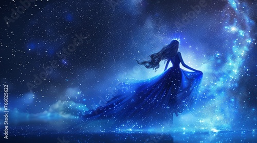 A celestial goddess avatar with glowing starry eyes and a flowing gown , up32K HD