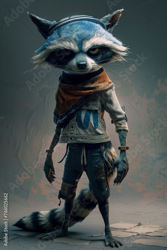 A mischievous anthropomorphic raccoon character with a bandit mask and striped tail , low noise