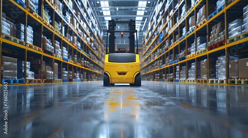 Forklift in warehouse. 3d rendering with toned image