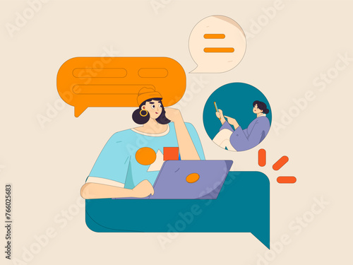 Virtual characters social communication concept business flat vector hand drawn illustration
