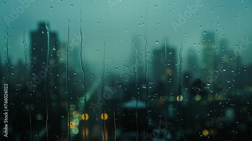 A slow-motion shot of rain cascading down a windowpane, blurring the image of a city skyline outside. (melancholic, dreamlike)