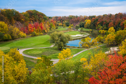 Aerial View of a Golf Course in Fall Foliage, autumn golf course