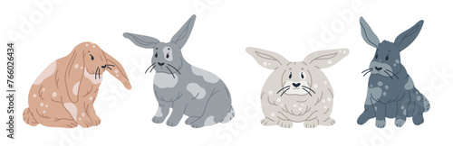 Cute Easter rabbits. Hand drawn spring bunnies  fluffy bunny characters  little Easter hares flat vector illustration set. Spring Easter holiday rabbits