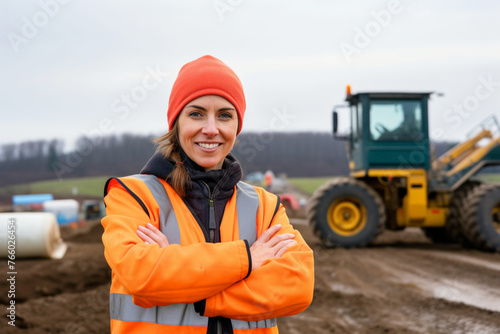 A portrait of a woman, part of a survey crew looking at the camera and smiling with her arms crossed while wearing a hardhat and reflective clothing © alisaaa