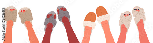 Female feet in domestic slippers. Feet wearing warm and comfy footwear, cozy indoor shoes flat vector illustration set. House shoes on women feet