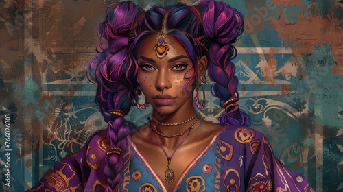 A South Asian woman with vibrant purple hair styled in Bantu knots, gazing confidently out at the viewer. Her clothing incorporates traditional Indian embroidery with a modern twist.