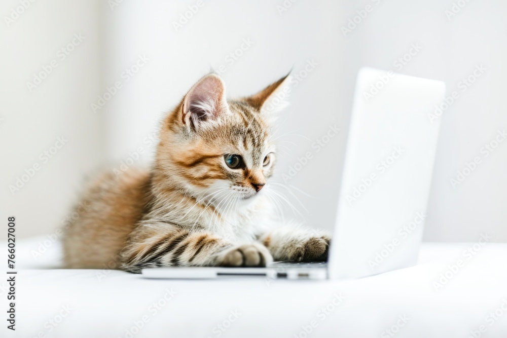 The kitten is lying on the bed with its paws on the keyboard and looking at the screen of an open laptop.