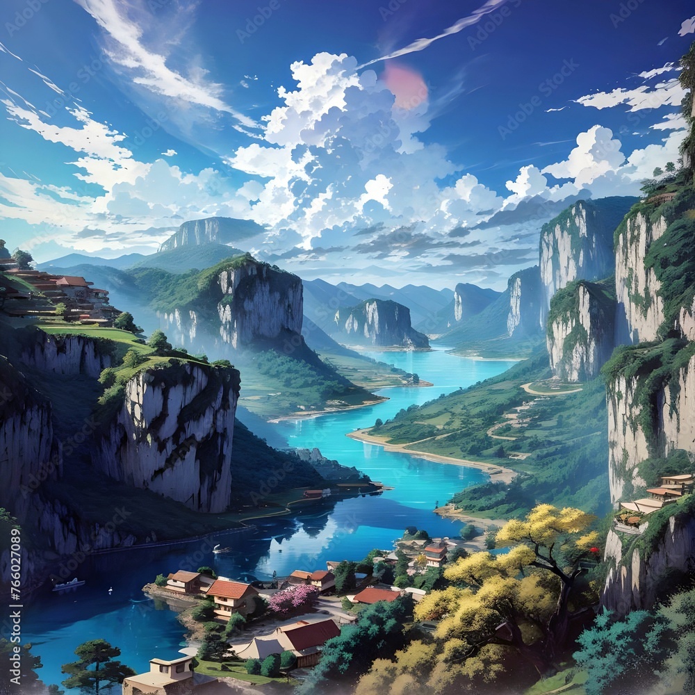 river between mountains and houses in anime style