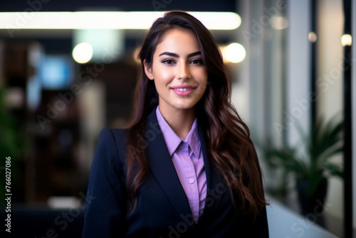 A pretty adult confident female employee dressed in a suit, standing at the workplace and smiling for the camera