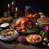 A table set for a feast with a roasted turkey, bowls of colorful vegetables, and a tall, frosted cake