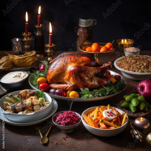 A table set for a feast with a roasted turkey, bowls of colorful vegetables, and a tall, frosted cake