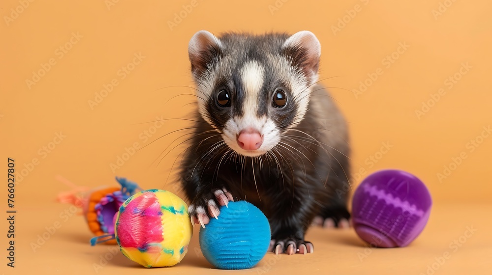 Fun and Games Unleashed as a Spirited Ferret Engages with Toys on a Serene Brown Backdrop Fun and Games Unleashed as a Spirited Ferret Engages with Toys on a Serene Brown Backdrop