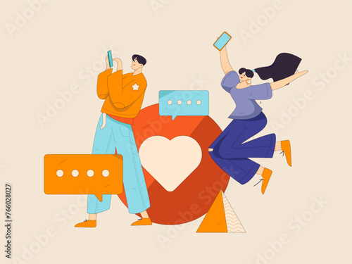 Virtual characters social communication concept business flat vector hand drawn illustration
