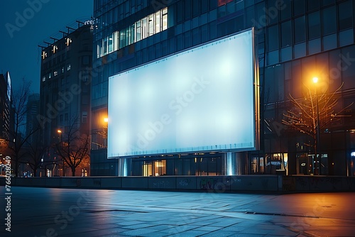 Mockup of a night time blank white advertising billboard on an office building wall. photo