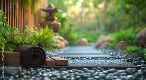A yoga mat rolled up with blocks and a calming zen garden background photo