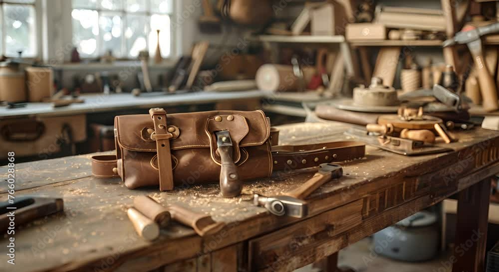 Carpenter's tool belt with hammer and saw on a workbench Carpenter's tool belt with hammer and saw on a workbench