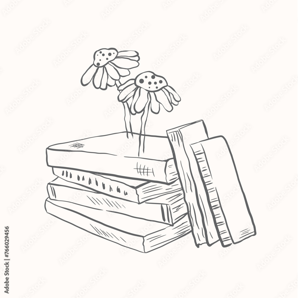Sketch book stack and wild flowers vector, hand drawn book and daisy ...