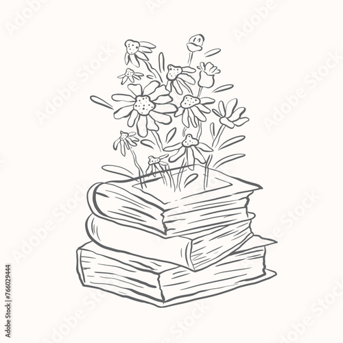 Sketch book stack and wild flowers vector, hand drawn book and daisy flowers vector. Teacher book clip art. Teacher appreciation