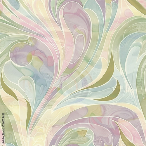 A colorful abstract painting with a green and pink swirl