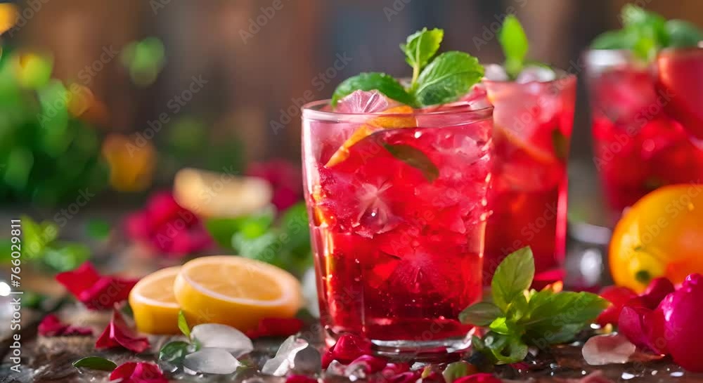 A refreshing glass of iced hibiscus tea with lemon and mint A refreshing glass of iced hibiscus tea with lemon and mint