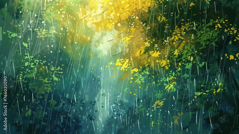 An abstract or impressionistic illustration that captures the essence of spring showers, using vibrant colors and dynamic strokes to convey the movement and freshness of rain. - obrazy, fototapety, plakaty 
