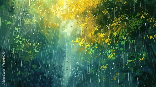 An abstract or impressionistic illustration that captures the essence of spring showers, using vibrant colors and dynamic strokes to convey the movement and freshness of rain. photo