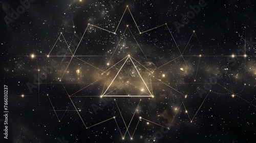 Abstract cosmic background with geometric shapes and stardust. mystical space illustration with triangles and light rays. ideal for spiritual or scientific concepts. AI