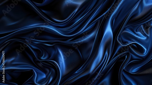 Black blue abstract background. Silk satin. Curtain, drapery. Shiny fabric. Dark. Wavy soft pleats. Navy blue elegant luxury background. Liquid wave effect. Gradient.