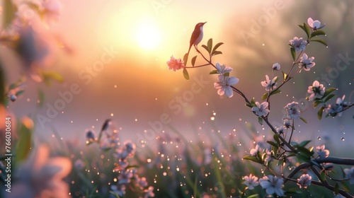 An idyllic scene of a dew-covered meadow at dawn, with songbirds perched and singing atop blossoming branches, welcoming the new day with their melodious chorus. © Sasint