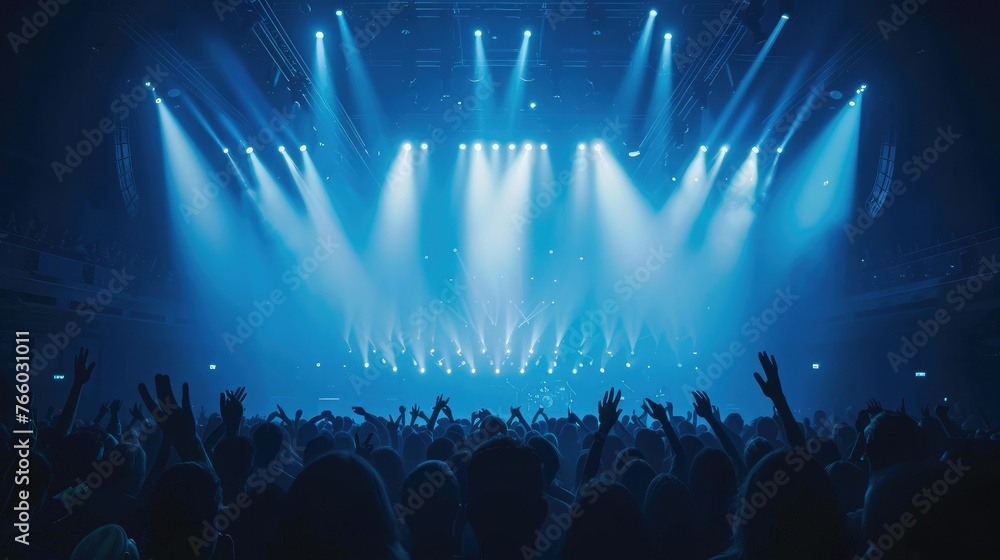 crowded concert hall with scene stage lights in blue tones, rock show performance, with people silhouette, on a dance floor air during a concert festival - obrazy, fototapety, plakaty 