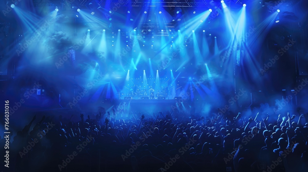 crowded concert hall with scene stage lights in blue tones, rock show performance, with people silhouette, on a dance floor air during a concert festiva