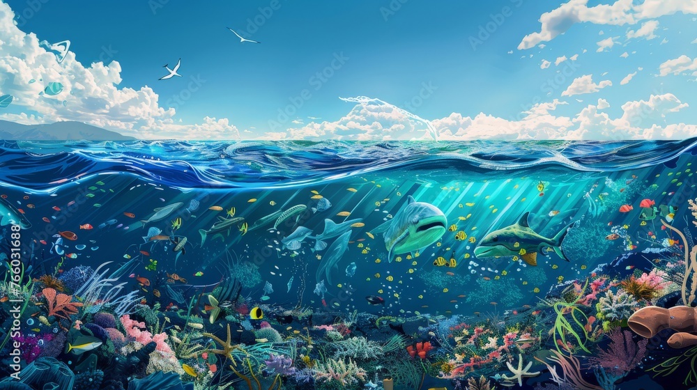 An illustration depicting a healthy, thriving marine ecosystem contrasted against a scene affected by plastic pollution, emphasizing the importance of making conscious choices to protect our oceans. - obrazy, fototapety, plakaty 