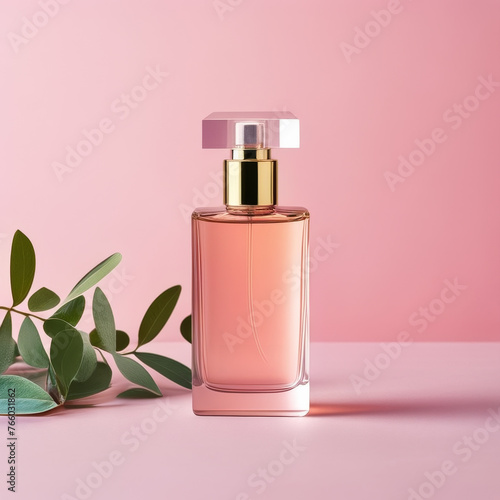 Perfume bottle with blank label and green leaves on pink background