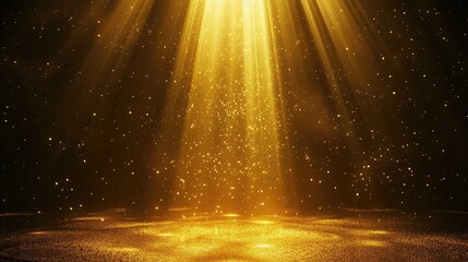 Stage light and golden glitter lights on floor. Abstract gold background for display your product. Spotlight realistic ray.