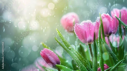 spring flowers rain drops, abstract blurred background flowers fresh rain photo