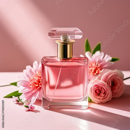 Perfume bottle with pink flowers on pastel pink background.