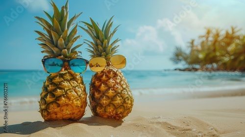 two of funny attractive pineapples in stylish sunglasses on the sand against turquoise sea. Tropical summer vacation concept. Happy sunny day on the beach of tropical island. Family holiday
