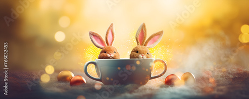two cup with two easter bunny,Cute animals photo