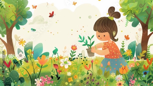 A child in their garden, engaging in eco-friendly activities like planting trees, recycling, and creating habitats for wildlife, embodying the spirit of environmental stewardship.