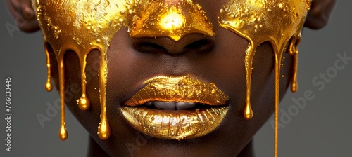 Gilded makeup dripping on model s lips, nails, and skin for a luxurious golden look © Ilja