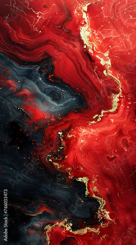 Abstract red liquid marble texture, dark background. AI generative