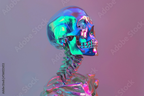Iridescent Skull Skeleton Metallic Colorful Vertebrae Isolated on Solid Background