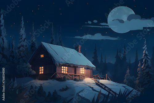 The light is leaking out of a wooden cabin in the snow-covered forest. Generative AI