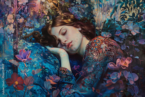 Woman Sleeping in a Holographic Field of Flowers