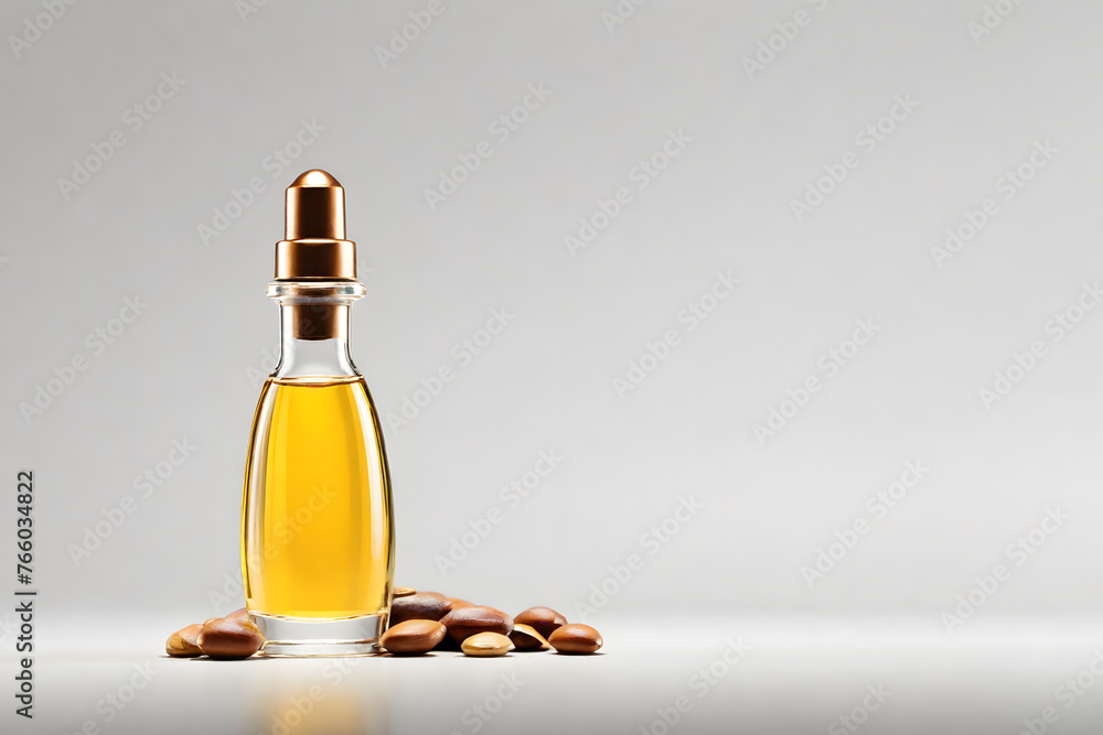 An image showcasing an Argania oil bottle amidst scattered seeds against a light gray backdrop. An image showcasing an Argania oil bottle amidst scattered seeds against a light gray backdrop.