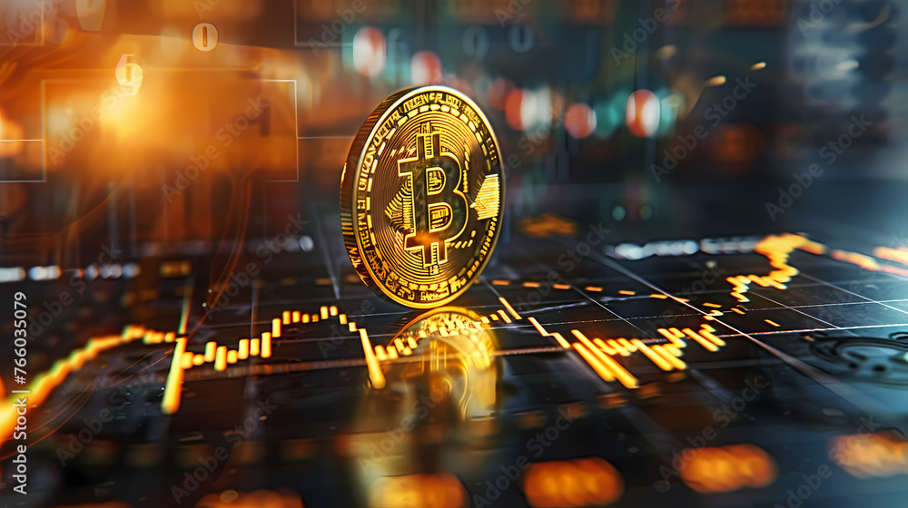 Bitcoin, investment, gold coins in front of trading chart