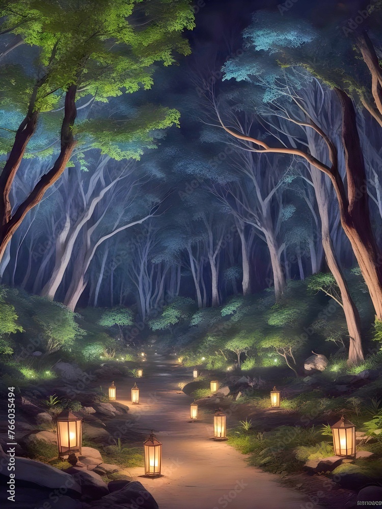 lamps inside the forest in anime style