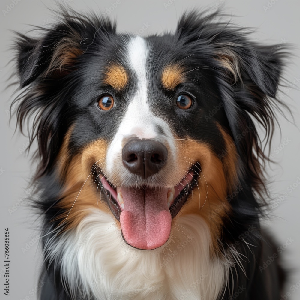 A close up of a Border Collie, a herding dog breed known for its intelligence and agility, with its tongue hanging out and whiskers on its snout