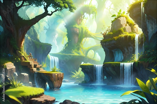 ゲーム背景　エルフの住む森の湖
