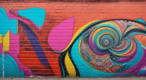 A stunningly vivid graffiti-covered brick wall exhibits an array of vibrant colors contrasting against the concrete.